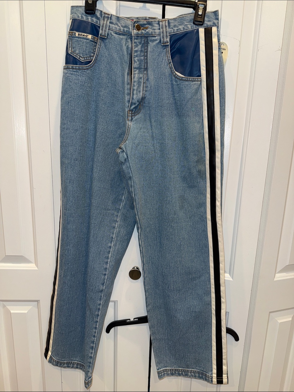 Revolt Jeans Light Blue Straight-Leg Jeans with Navy and Black Side Stripes